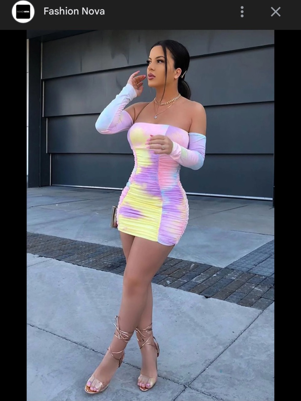 Fashion Nova Off-Shoulder Pastel Tie-Dye Ruched Bodycon Dress